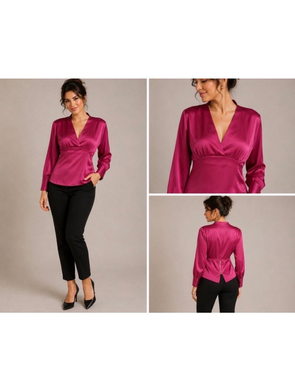 WHBM Satin Surplice Blouse Women's 2 NWT Magenta Long Sleeve V Neck Peplum
